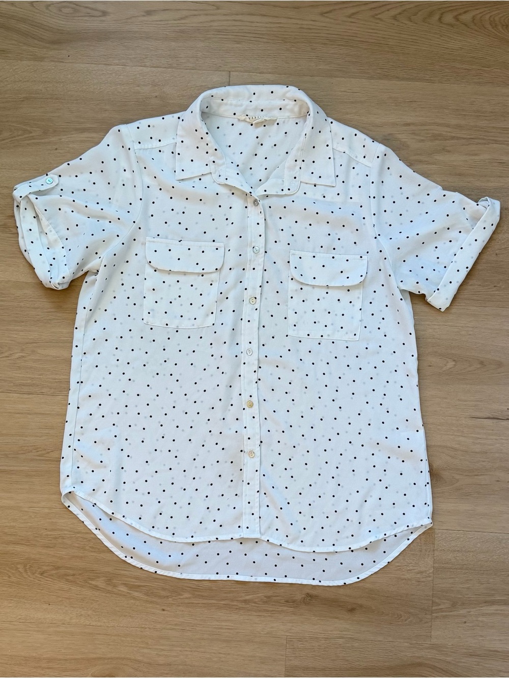 Love Stitch White Short-Sleeve Button Shirt with Black Polka Dots